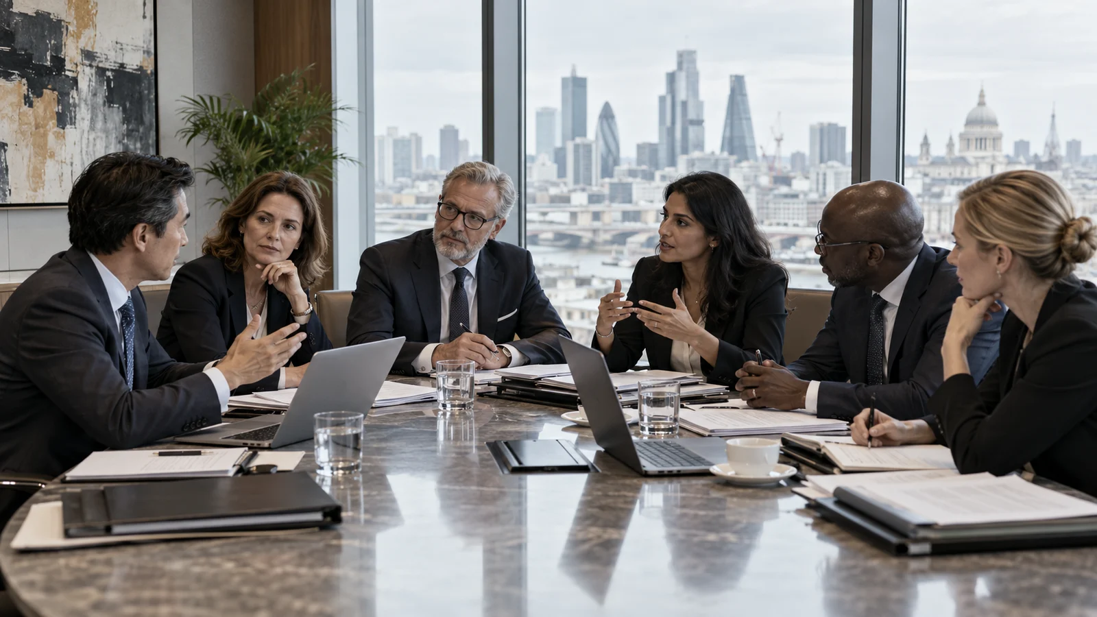 Illustrative image: lawyers in discussion around a boardroom table, with the London skyline behind them