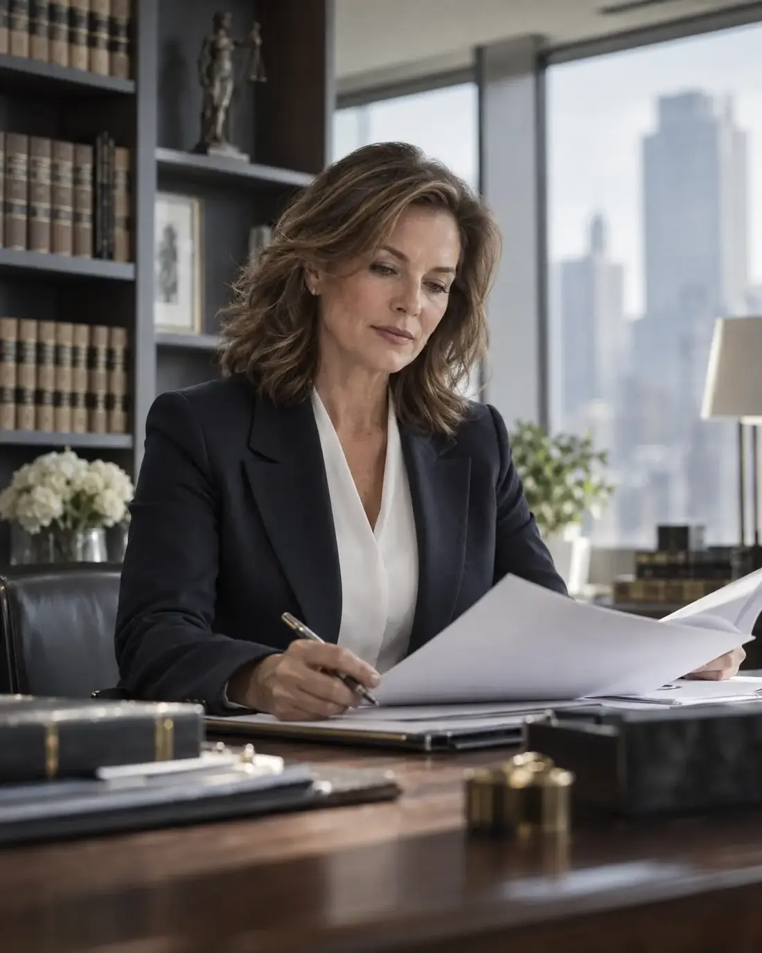 A lawyer reviewing case documents at her desk in a city law office