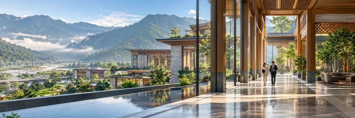 Illustrative image: Gelephu Mindfulness City, Bhutan, with a glass and timber convening hall overlooking forested hills and a river valley