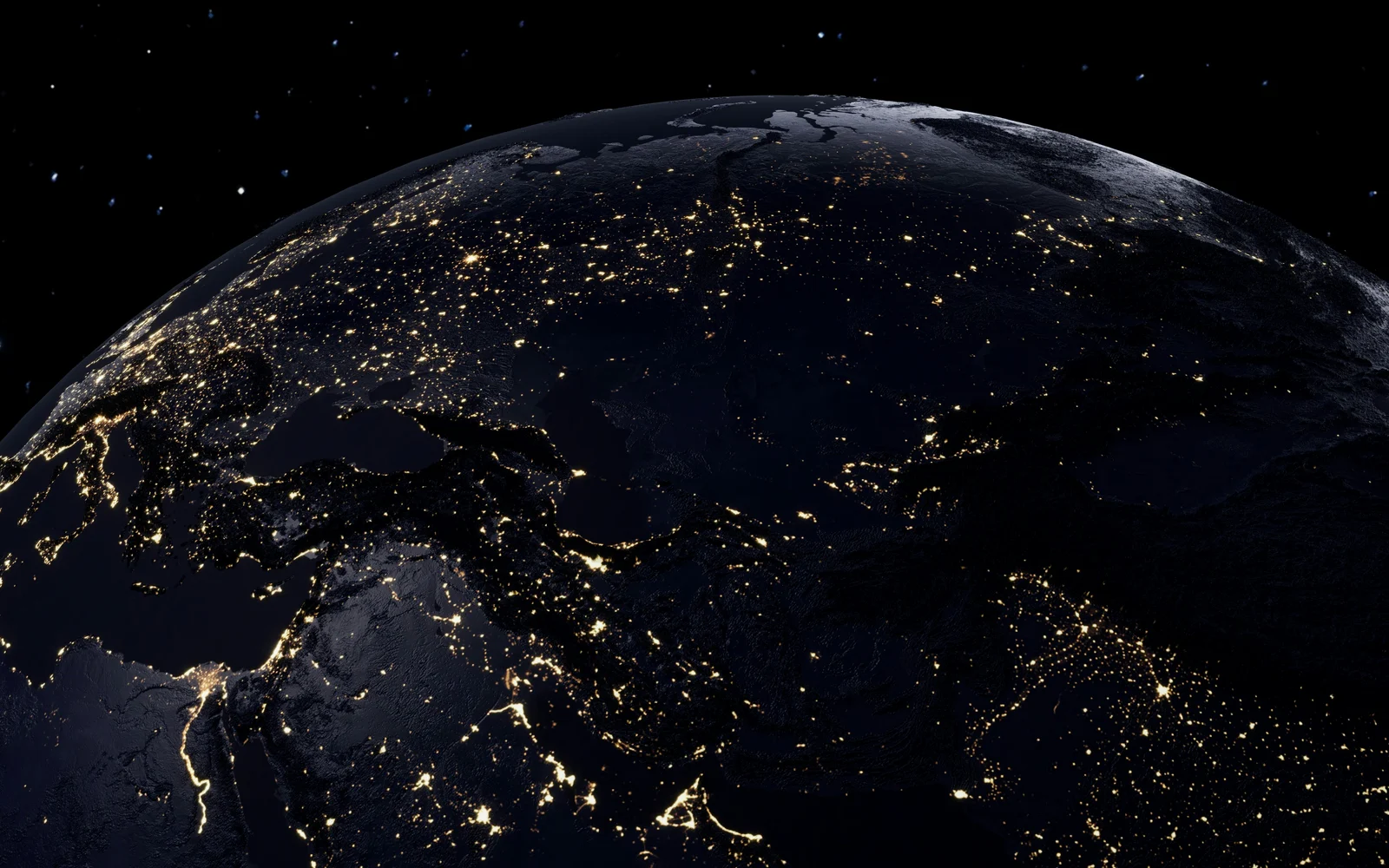 The Earth at night from space, city lights tracing Europe, the Mediterranean and the Middle East